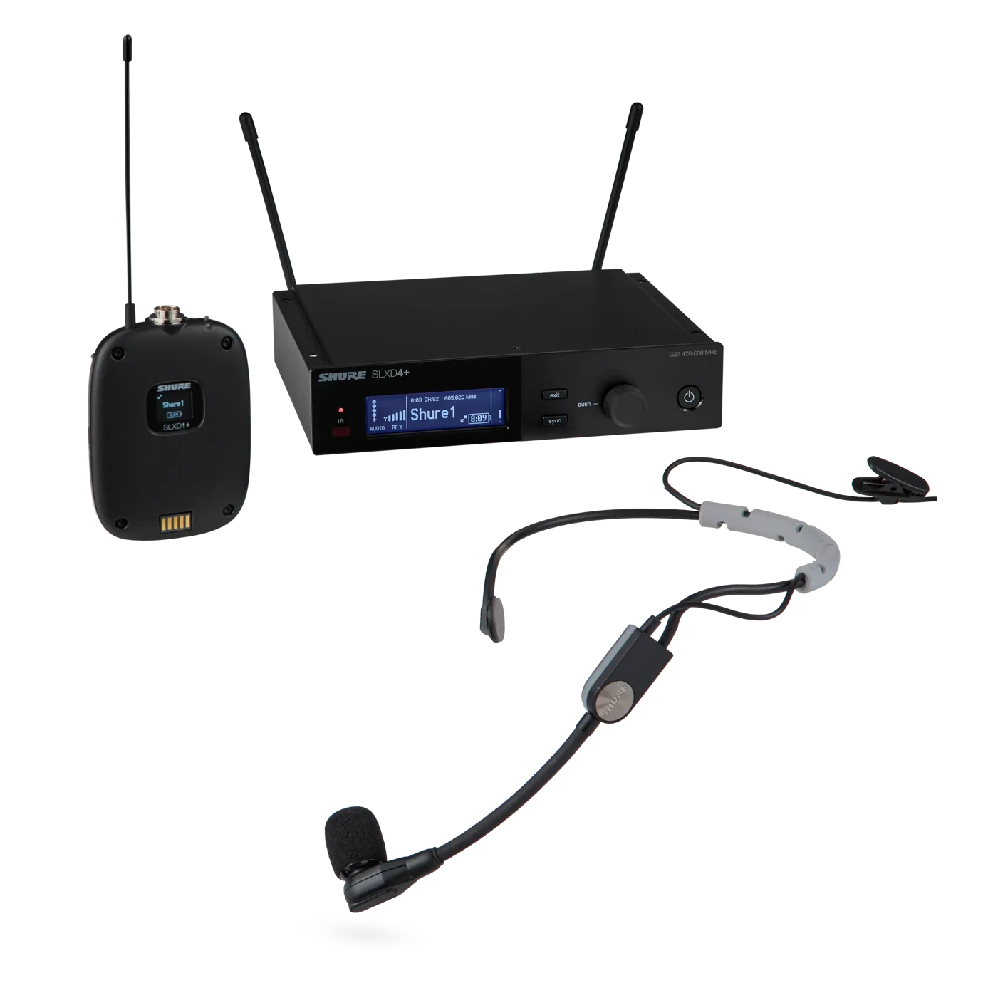 Shure SLXD14+ Digital Wireless Bodypack System with SM35 Headset Shure SLXD14+ digital wireless bodypack transmitter with SM35 performance headset microphone front view