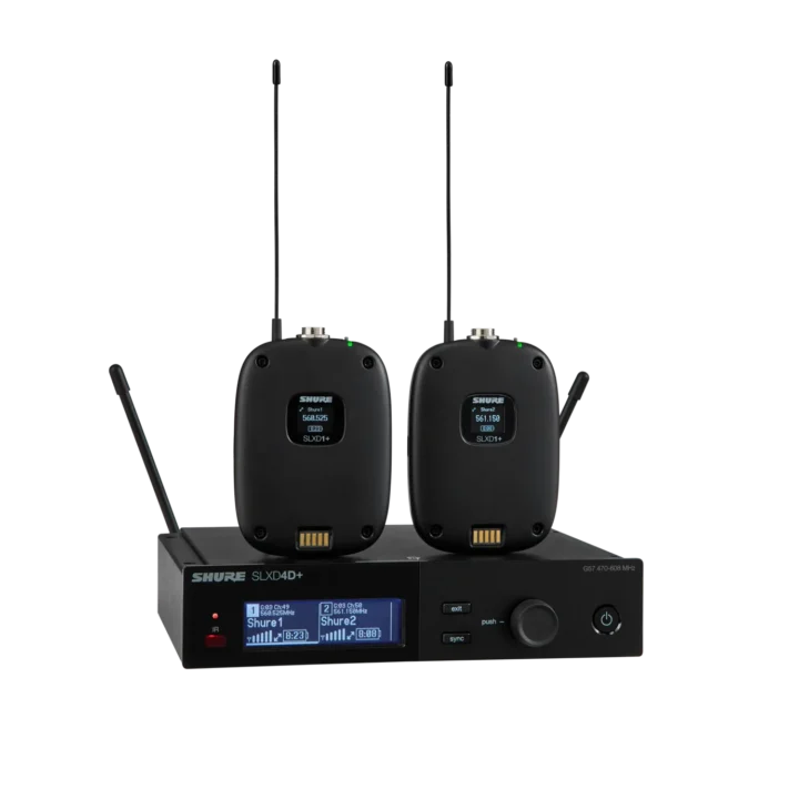 Shure SLXD14D+ dual wireless bodypack system with two compact transmitters and receiver unit
