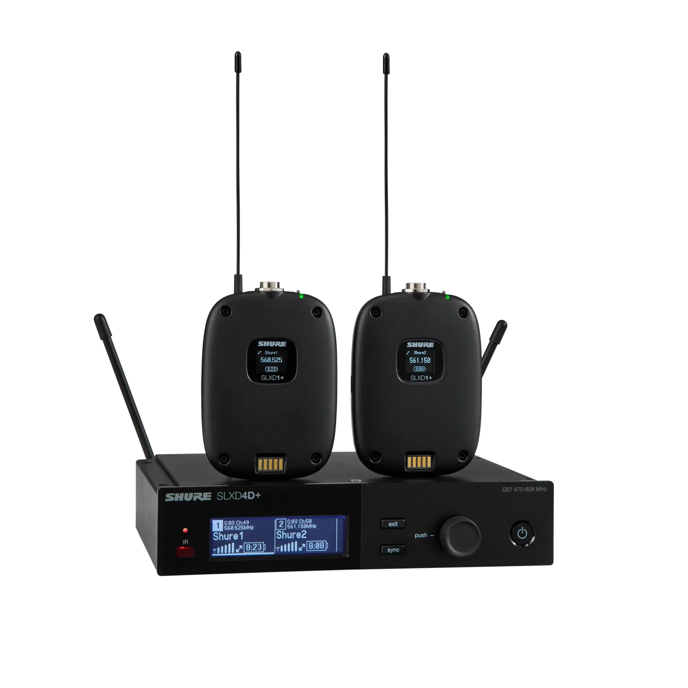 Shure SLXD14D+ Dual Wireless Bodypack System Front View Shure SLXD14D+ dual wireless bodypack system with two compact transmitters and receiver unit