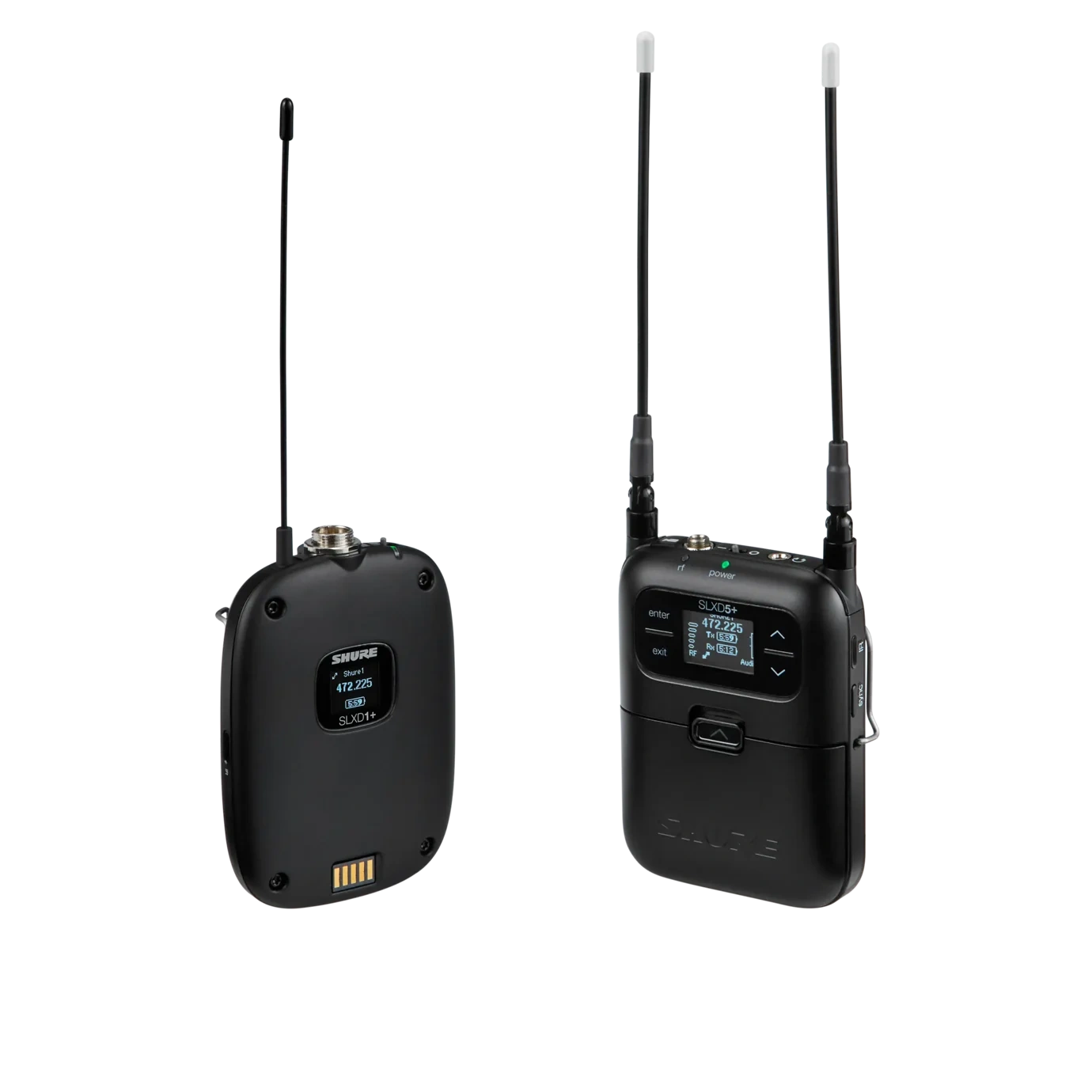 Shure SLXD15+ Wireless System Microphone Front View Shure SLXD15+ portable digital wireless microphone system with handheld transmitter and receiver