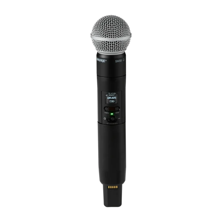 Shure SLXD2+/58 wireless handheld transmitter with SM58 microphone capsule, front angle view