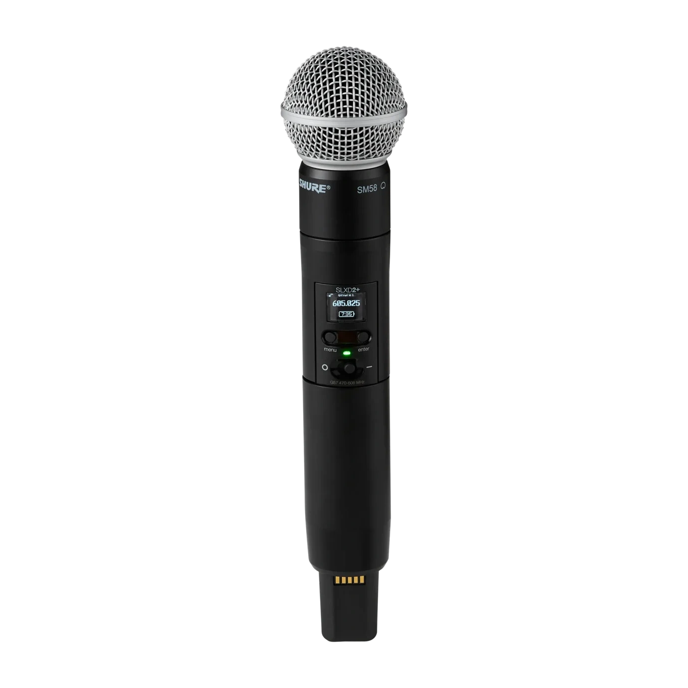 Shure SLXD2+/58 Wireless Handheld Transmitter Front View Shure SLXD2+/58 wireless handheld transmitter with SM58 microphone capsule, front angle view
