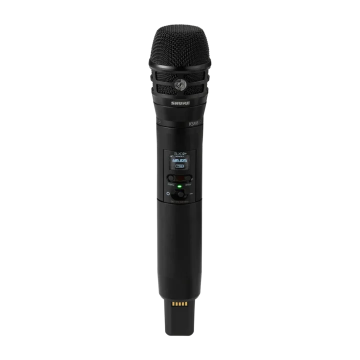 Shure SLXD2+/K8B wireless handheld transmitter with KSM8 Dualdyne microphone capsule, front angle view
