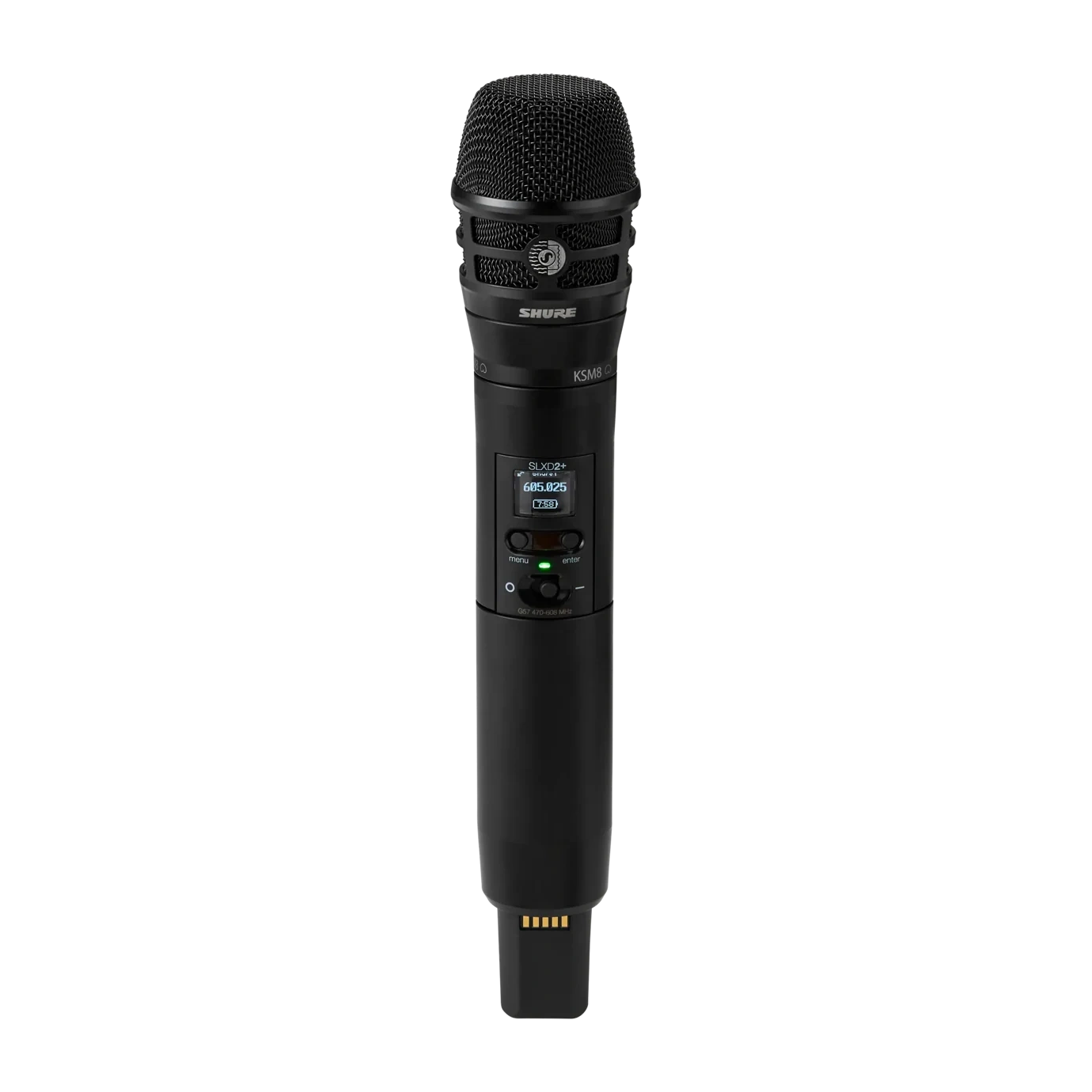 Shure SLXD2+/K8B Wireless Handheld Transmitter Front View Shure SLXD2+/K8B wireless handheld transmitter with KSM8 Dualdyne microphone capsule, front angle view