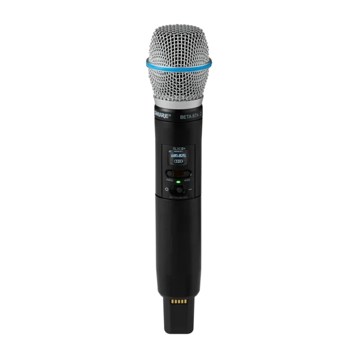 Shure SLXD2+ wireless handheld transmitter with Beta 87A microphone capsule front view