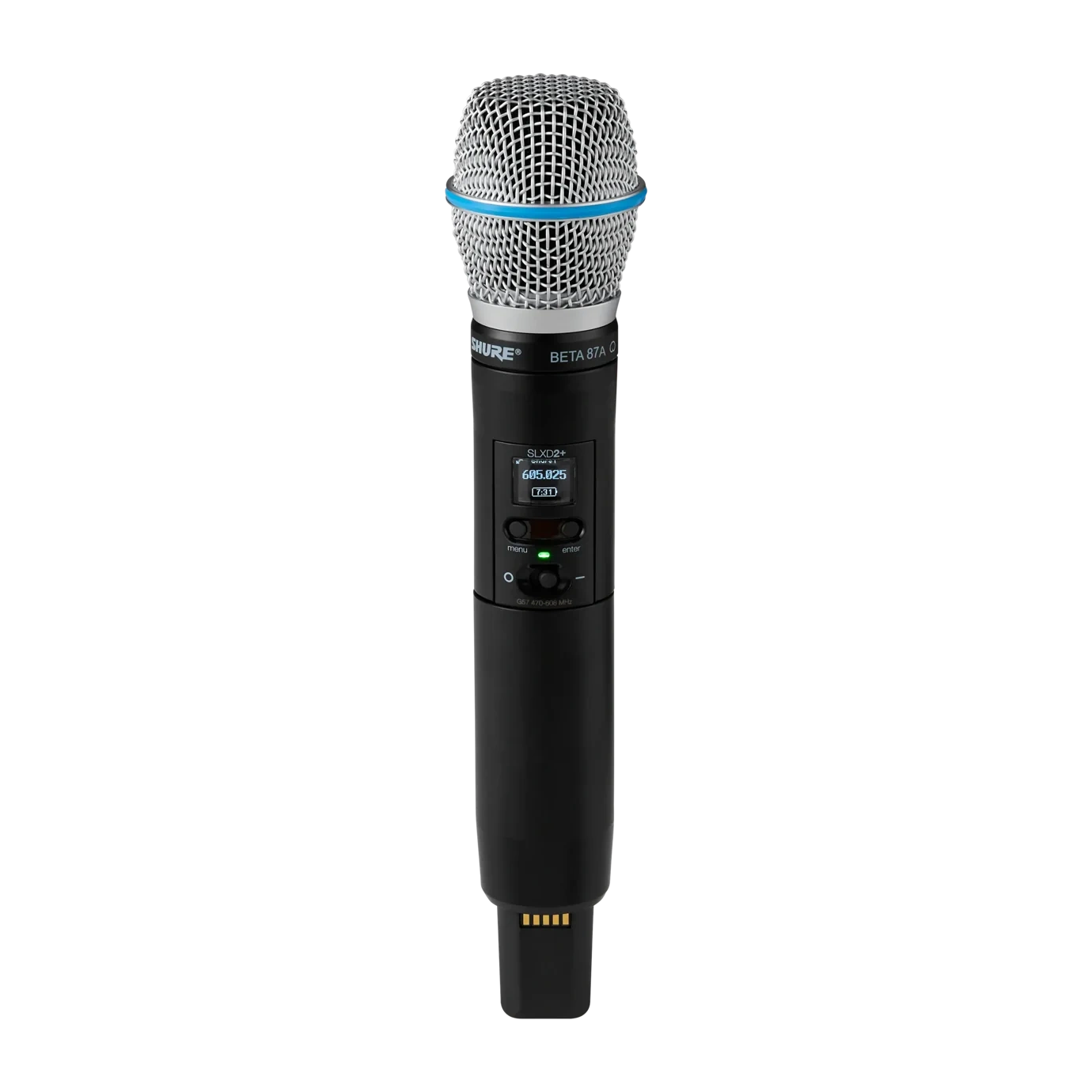 Shure SLXD2+ Wireless Handheld Transmitter with Beta 87A Microphone Shure SLXD2+ wireless handheld transmitter with Beta 87A microphone capsule front view