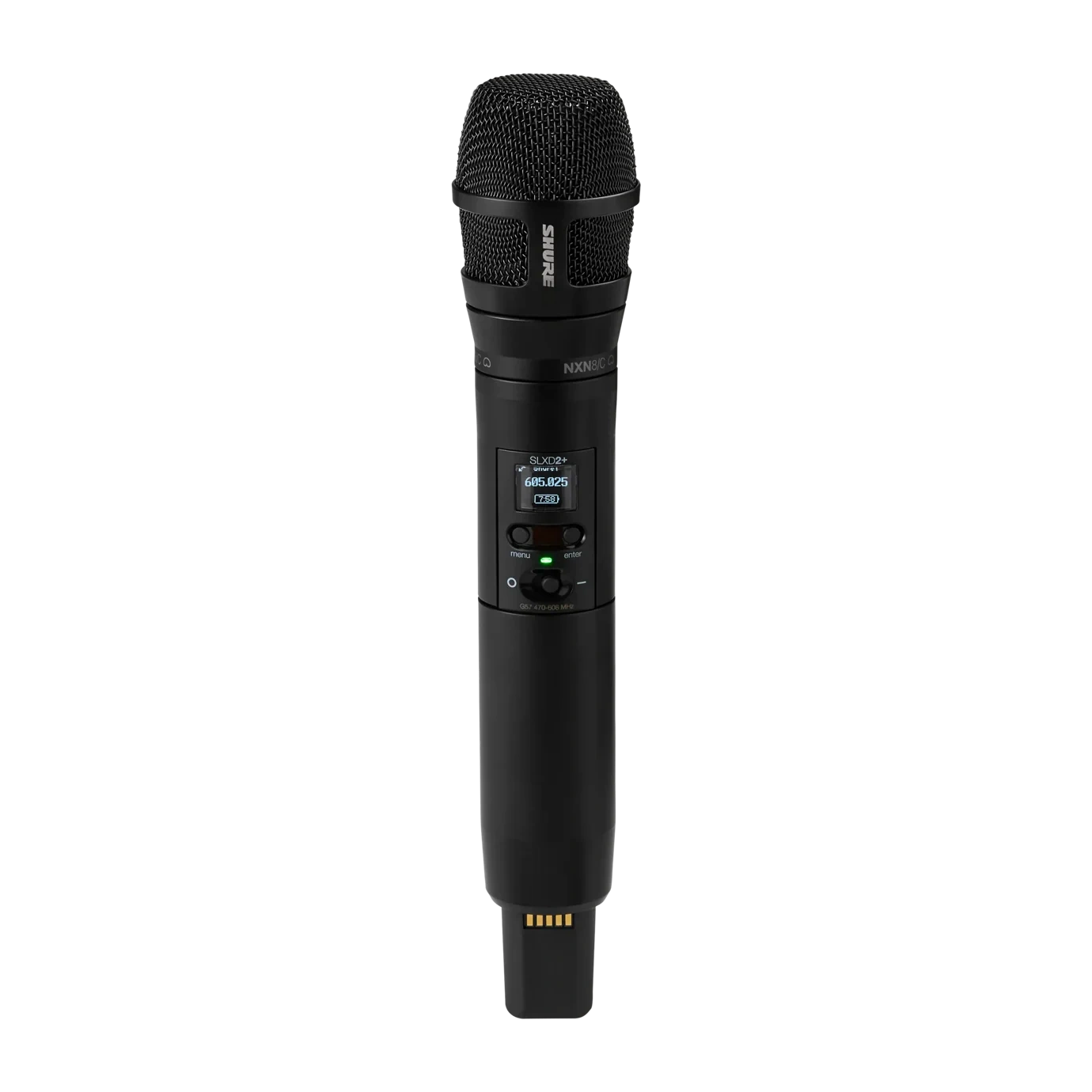 Shure SLXD2+ Wireless Handheld Transmitter with Nexadyne Microphone Shure SLXD2+ wireless handheld transmitter with Nexadyne 8/C microphone front view