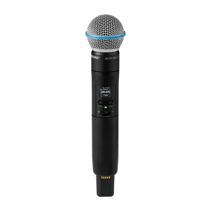 Shure SLXD2+ wireless handheld transmitter with Beta 58A microphone capsule front view