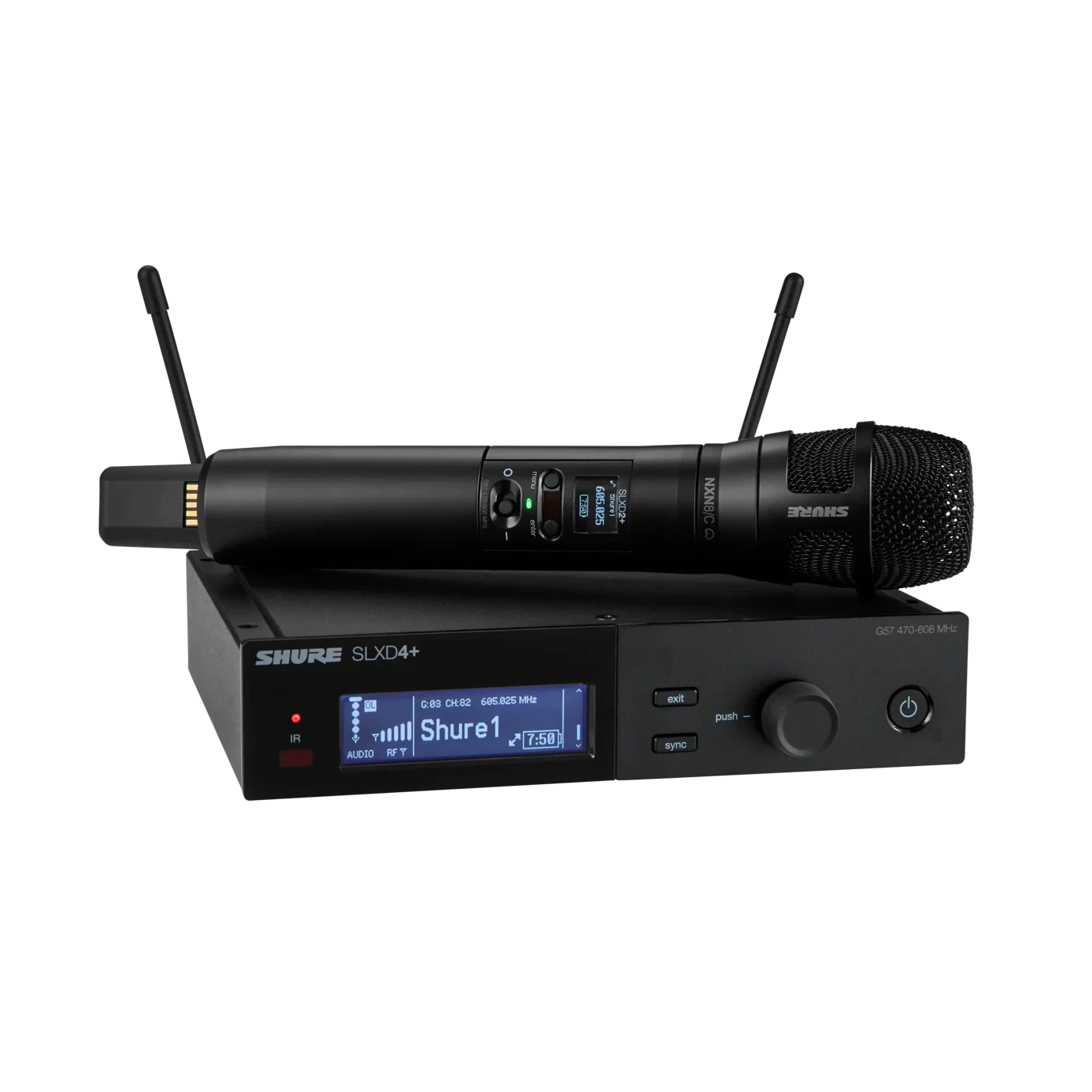Shure SLXD24+ Digital Wireless Handheld System Front View Shure SLXD24+ digital wireless handheld microphone system with Nexadyne 8/C cardioid dynamic microphone capsule