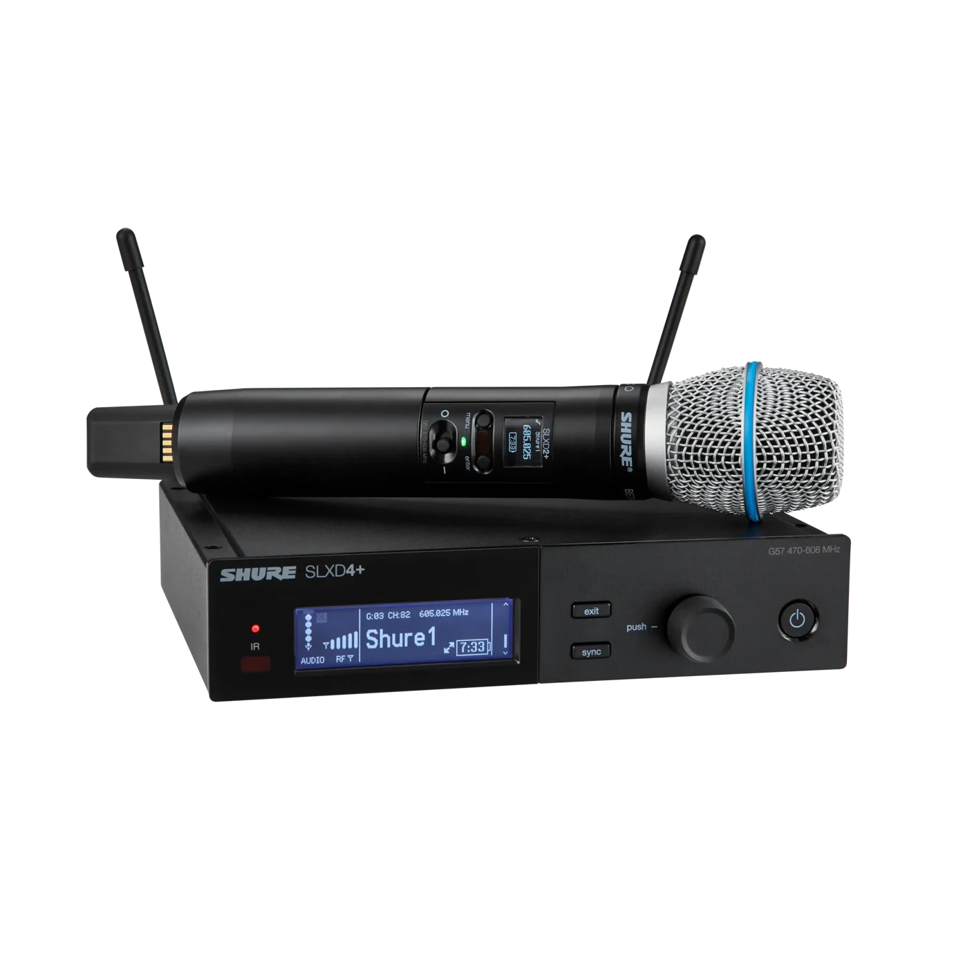Shure SLXD24+ Digital Wireless Handheld System with Beta 87A Shure SLXD24+ digital wireless handheld microphone system with Beta 87A supercardioid condenser capsule front view