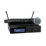 Shure SLXD24+ digital wireless handheld system featuring Beta 58A supercardioid dynamic microphone front view