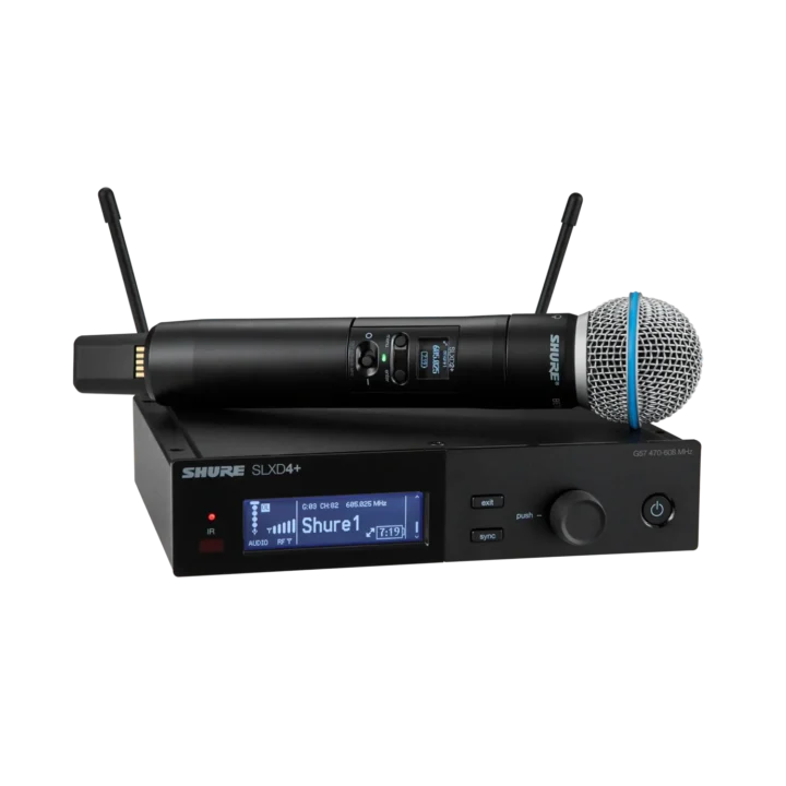 Shure SLXD24+ digital wireless handheld system featuring Beta 58A supercardioid dynamic microphone front view