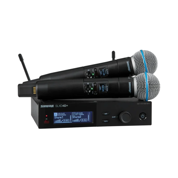 Shure SLXD24D dual wireless microphone system with two B58 handheld transmitters and receiver