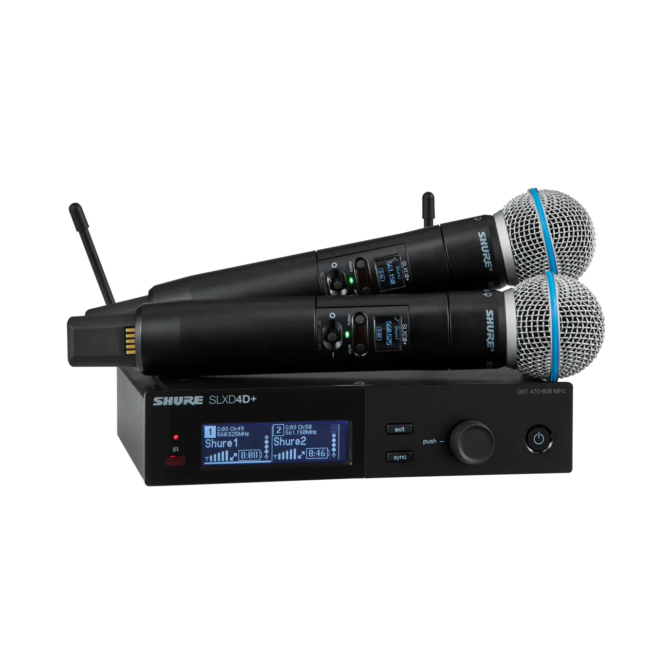 Shure SLXD24D Dual Wireless System with B58 Handheld Transmitters Shure SLXD24D dual wireless microphone system with two B58 handheld transmitters and receiver
