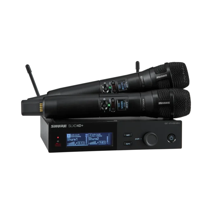 Shure SLXD24D dual wireless microphone system with two Nexadyne 8/C handheld transmitters and receiver