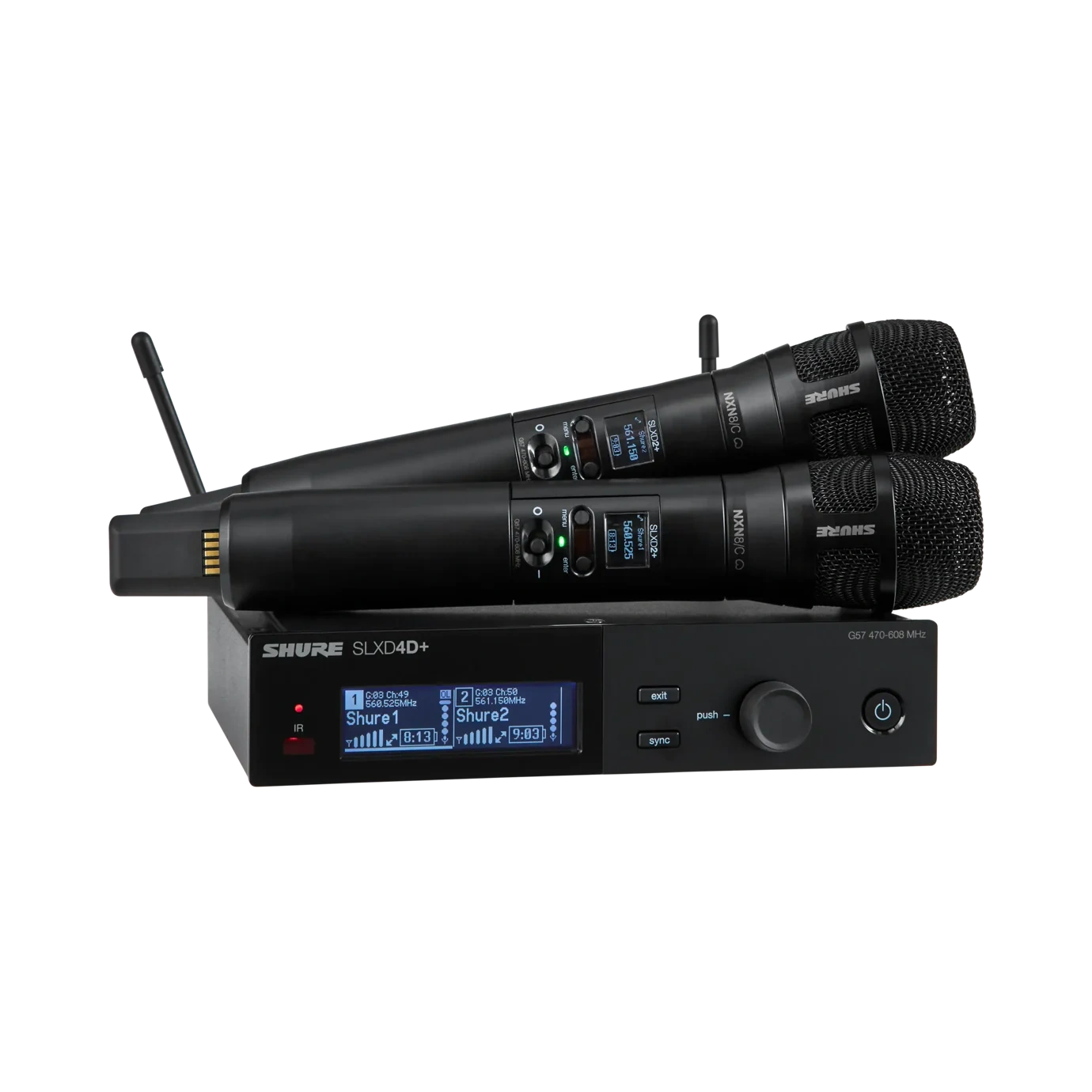 Shure SLXD24D Dual Wireless System with Nexadyne Handheld Transmitters Shure SLXD24D dual wireless microphone system with two Nexadyne 8/C handheld transmitters and receiver