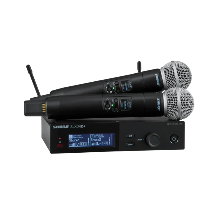Shure SLXD24D dual wireless microphone system with two SLXD2 handheld transmitters and receiver