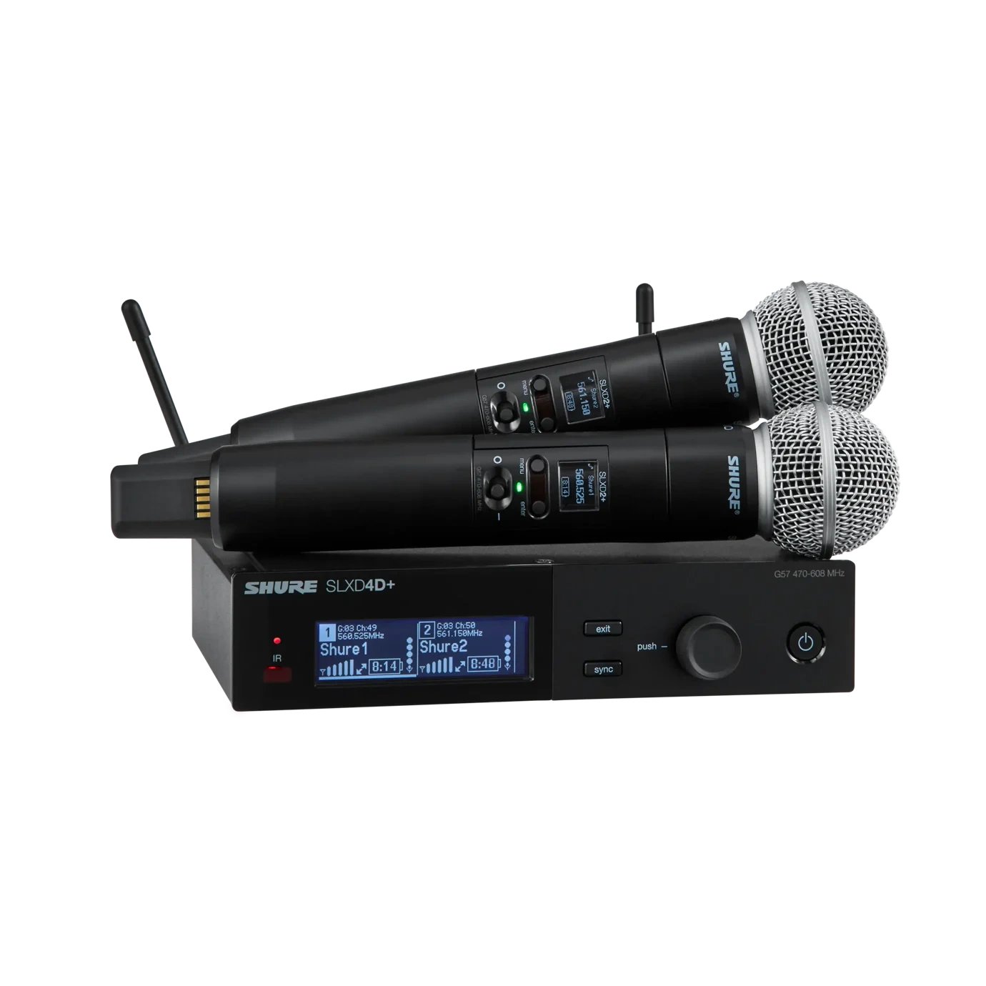 Shure SLXD24D Dual Wireless System with Handheld Transmitters Shure SLXD24D dual wireless microphone system with two SLXD2 handheld transmitters and receiver
