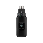 Shure SLXD3+ wireless plug-on transmitter with XLR connector, front view showing controls and display