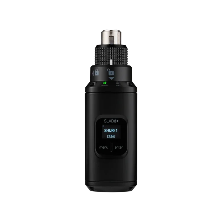 Shure SLXD3+ wireless plug-on transmitter with XLR connector, front view showing controls and display