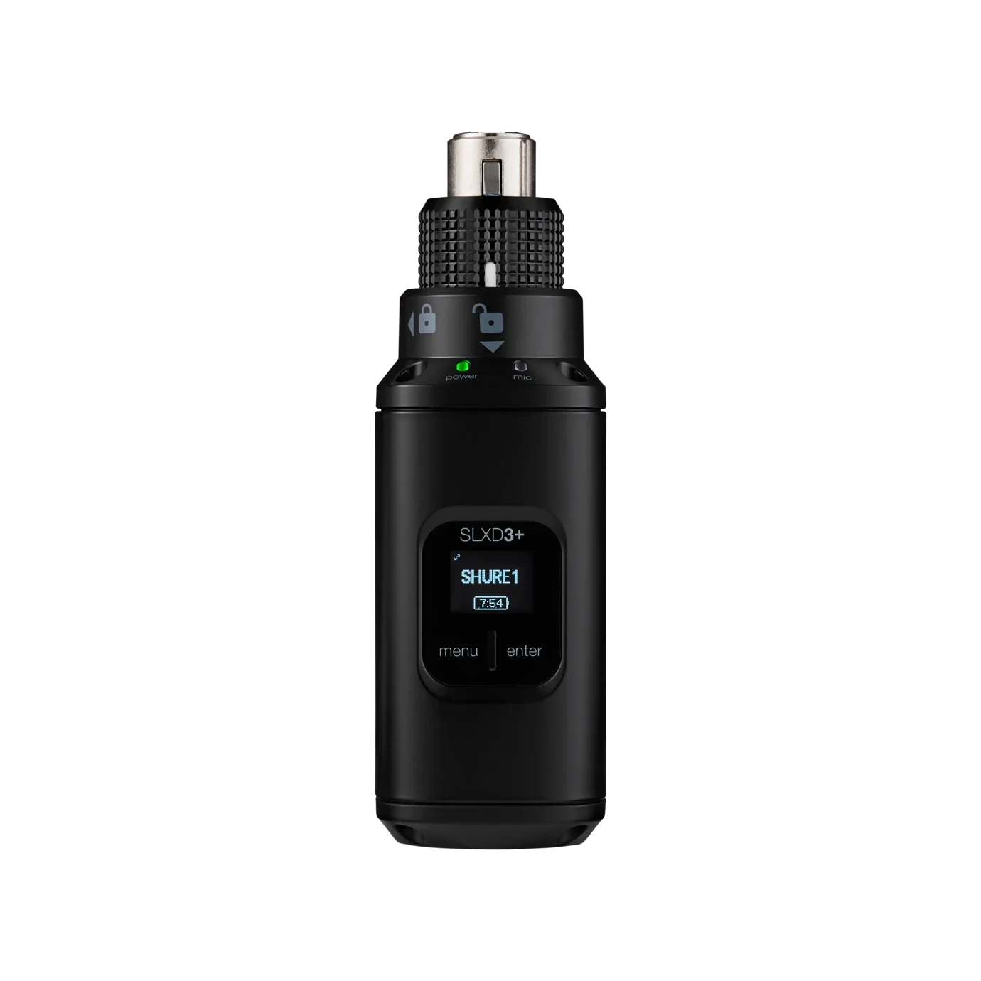 Shure SLXD3+ Wireless Plug-On Transmitter XLR Front View Shure SLXD3+ wireless plug-on transmitter with XLR connector, front view showing controls and display