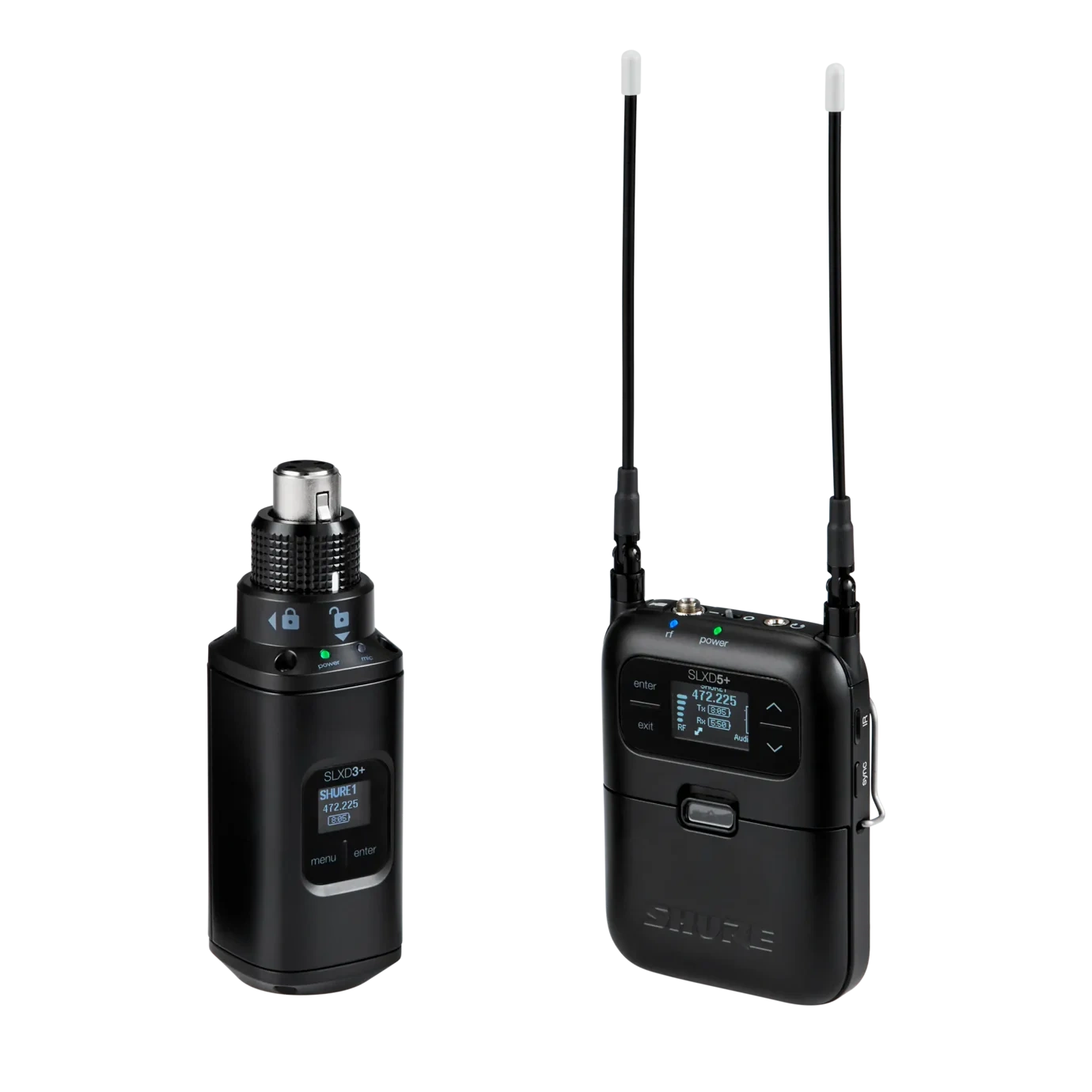 Shure SLXD35+ Digital Wireless System with Plug-On Transmitter Shure SLXD35+ portable digital wireless microphone system with SLXD3+ plug-on transmitter and receiver