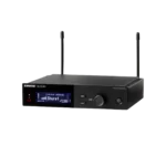Shure SLXD4+ digital wireless receiver displaying frequency management and channel configuration on LCD screen