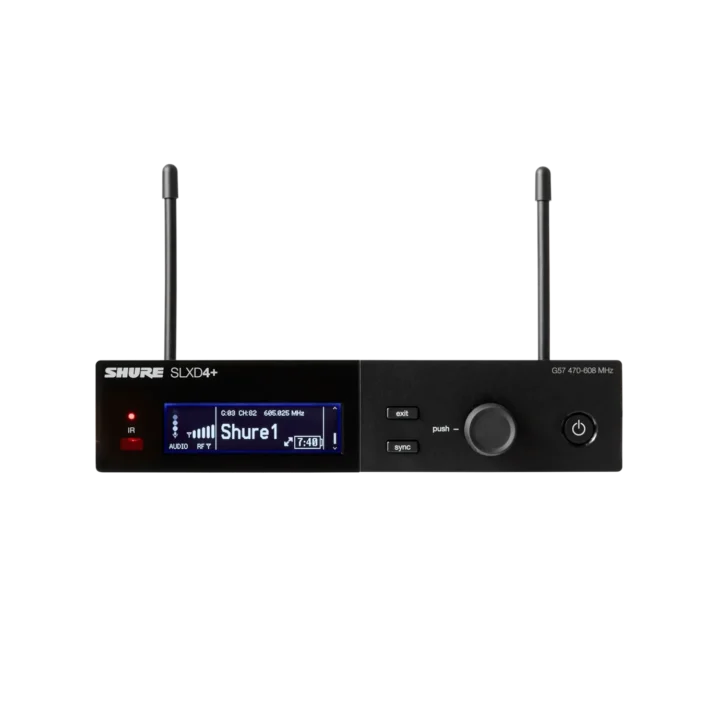 Shure SLXD4+ digital wireless receiver with dual-channel display and front-panel controls