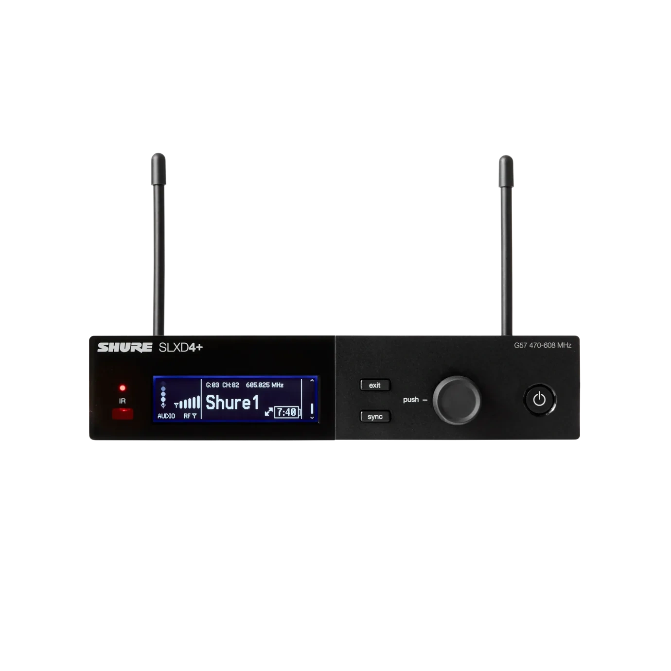 Shure SLXD4+ Digital Wireless Receiver Front View Shure SLXD4+ digital wireless receiver with dual-channel display and front-panel controls