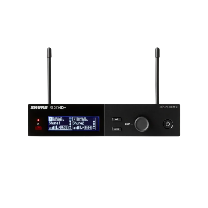 Shure SLXD4D+ dual channel wireless receiver with front panel controls and LCD display