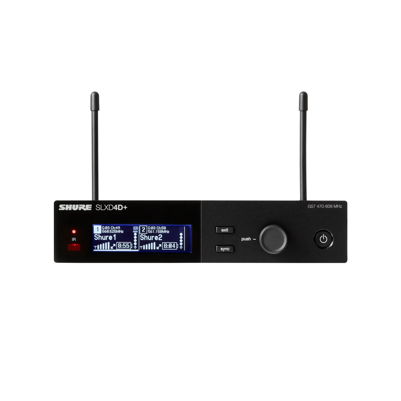 Shure SLXD4D+ Dual Channel Wireless Receiver Front Shure SLXD4D+ dual channel wireless receiver with front panel controls and LCD display