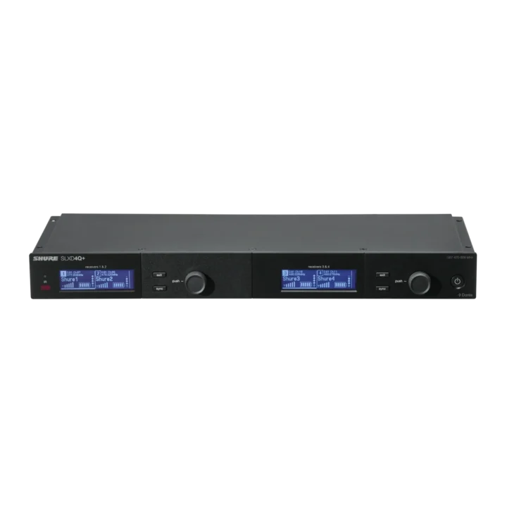 Shure SLXD4QDAN+ quad channel wireless receiver with Dante audio networking front panel view