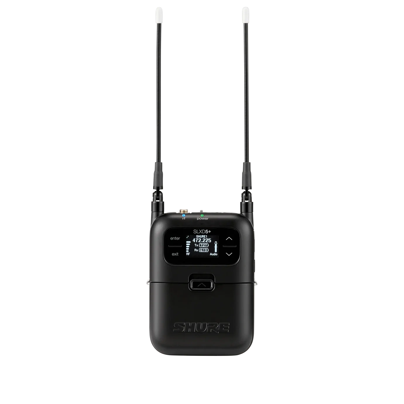 Shure SLXD5+ Portable Digital Wireless Receiver Front View Shure SLXD5+ portable digital wireless receiver with LCD display and control buttons