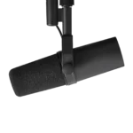 Shure SM7B dynamic microphone capsule and shock mount detail view showing professional construction