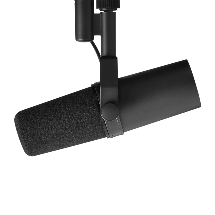 Shure SM7B dynamic microphone capsule and shock mount detail view showing professional construction
