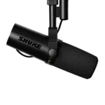 Shure SM7dB dynamic microphone showing built-in preamp controls and gain adjustment interface