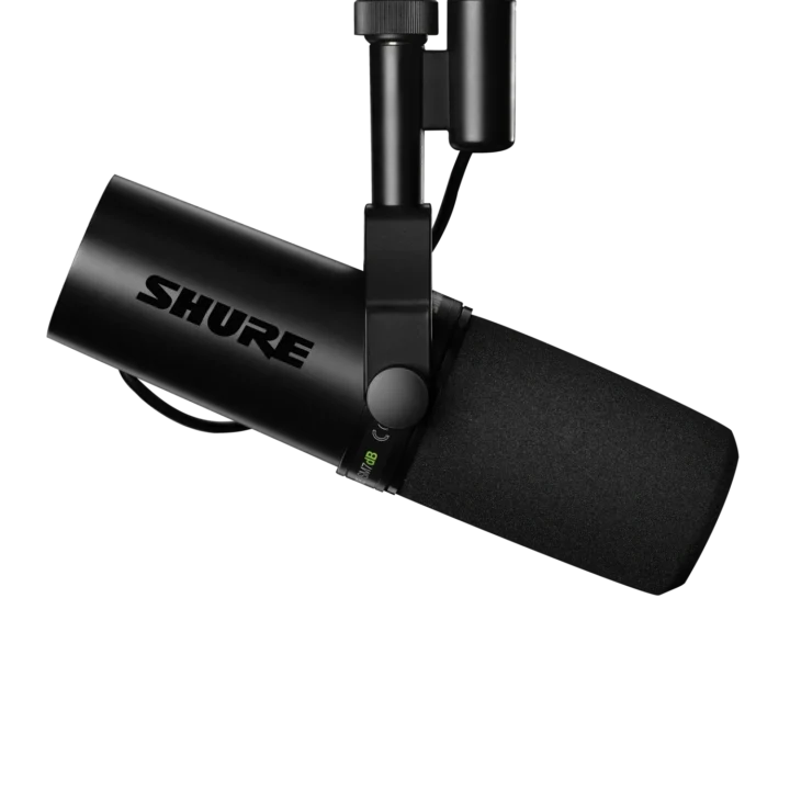 Shure SM7dB dynamic microphone showing built-in preamp controls and gain adjustment interface