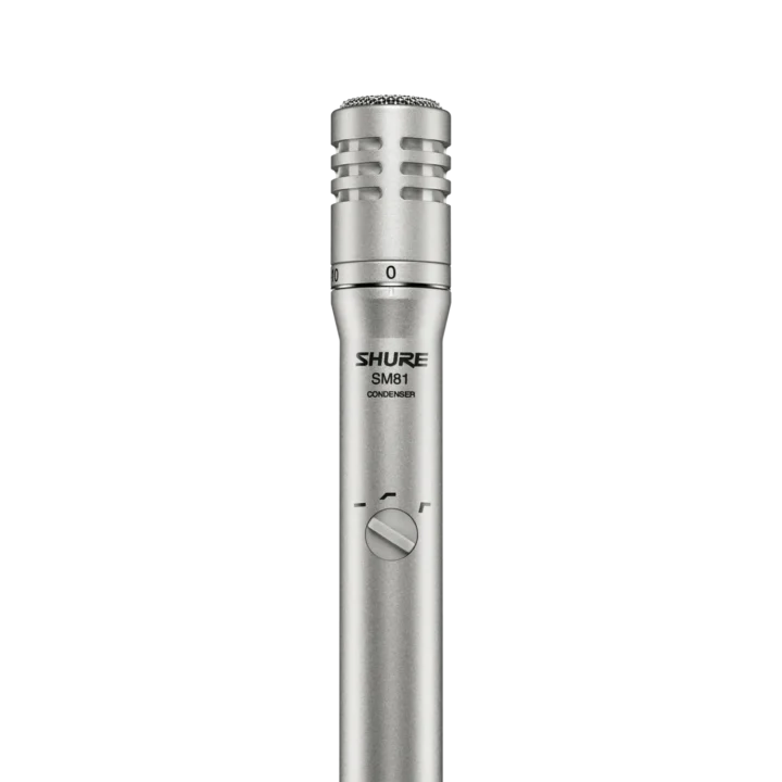 Shure SM81 condenser microphone capsule and grille detail showing cardioid pickup pattern design