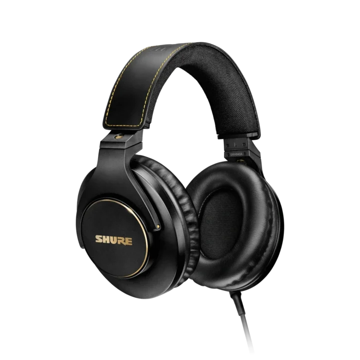 Shure SRH840A professional studio headphones showing ear cup design and headband construction detail
