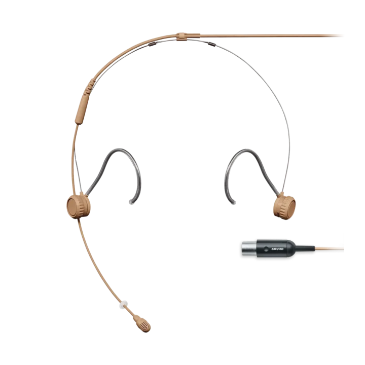 Shure TH53 TwinPlex subminiature headset microphone in cocoa color, front view with boom arm