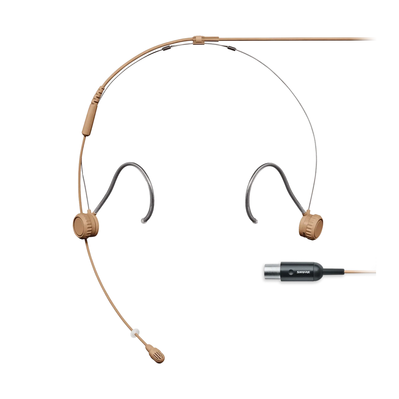 Shure TH53 TwinPlex Subminiature Headset Microphone Cocoa Shure TH53 TwinPlex subminiature headset microphone in cocoa color, front view with boom arm