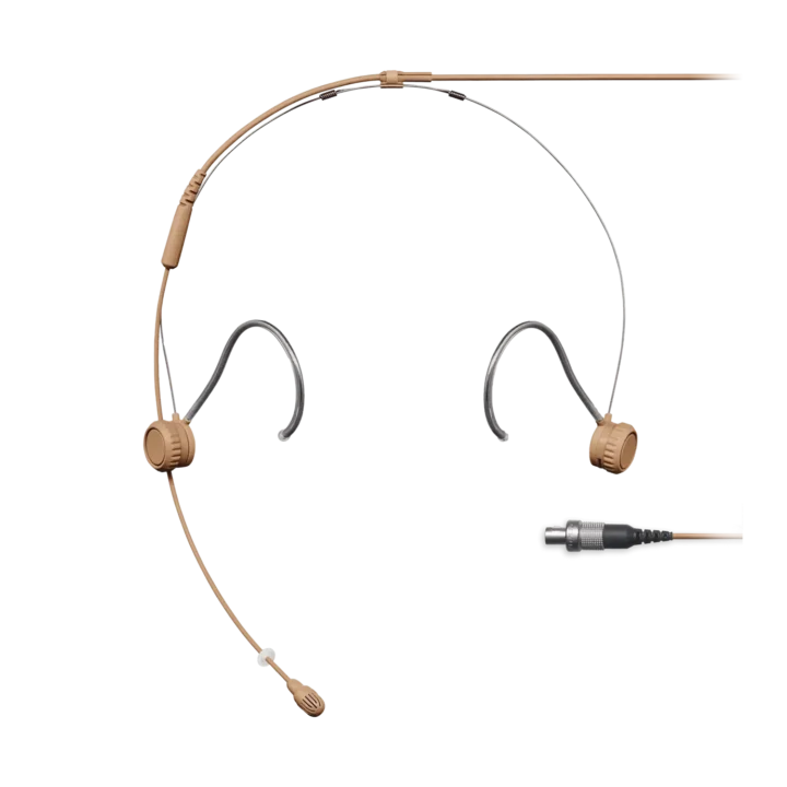 Shure TH53 TwinPlex subminiature headset microphone in cocoa color, front view with boom arm