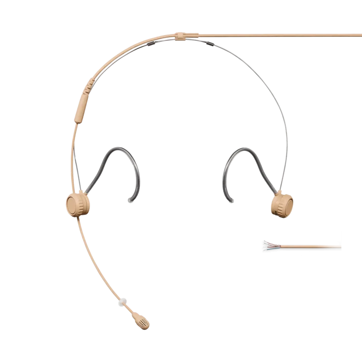 Shure TH53 TwinPlex subminiature headset microphone in tan color, front view with boom arm