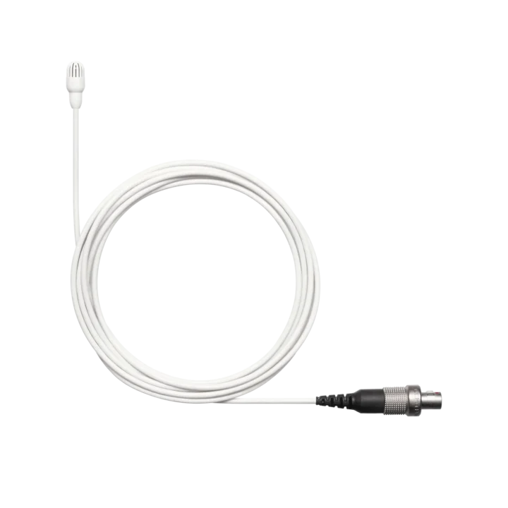 Shure TL47 TwinPlex white subminiature lavalier microphone with omnidirectional capsule and connector detail