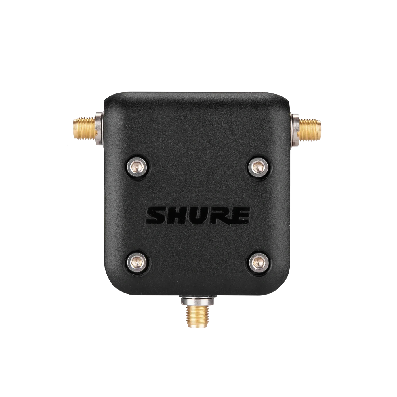 Shure UA221DB-RSMA Dual Band Antenna Splitter Front View Shure UA221DB-RSMA dual band passive antenna splitter with RSMA connectors and metallic housing