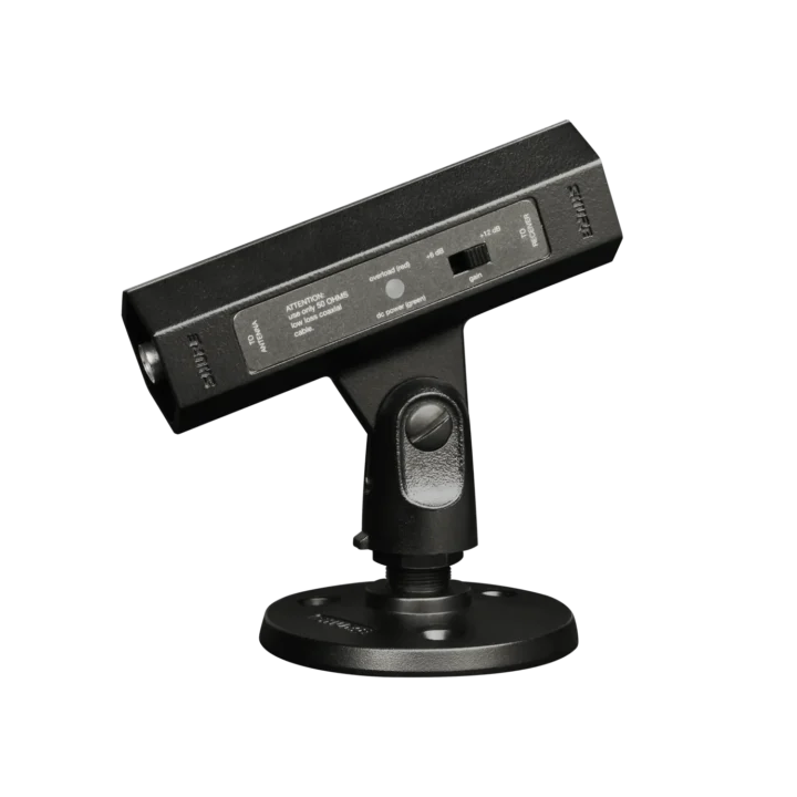 Shure UA834 in-line antenna amplifier with RF connectors and gain controls front view