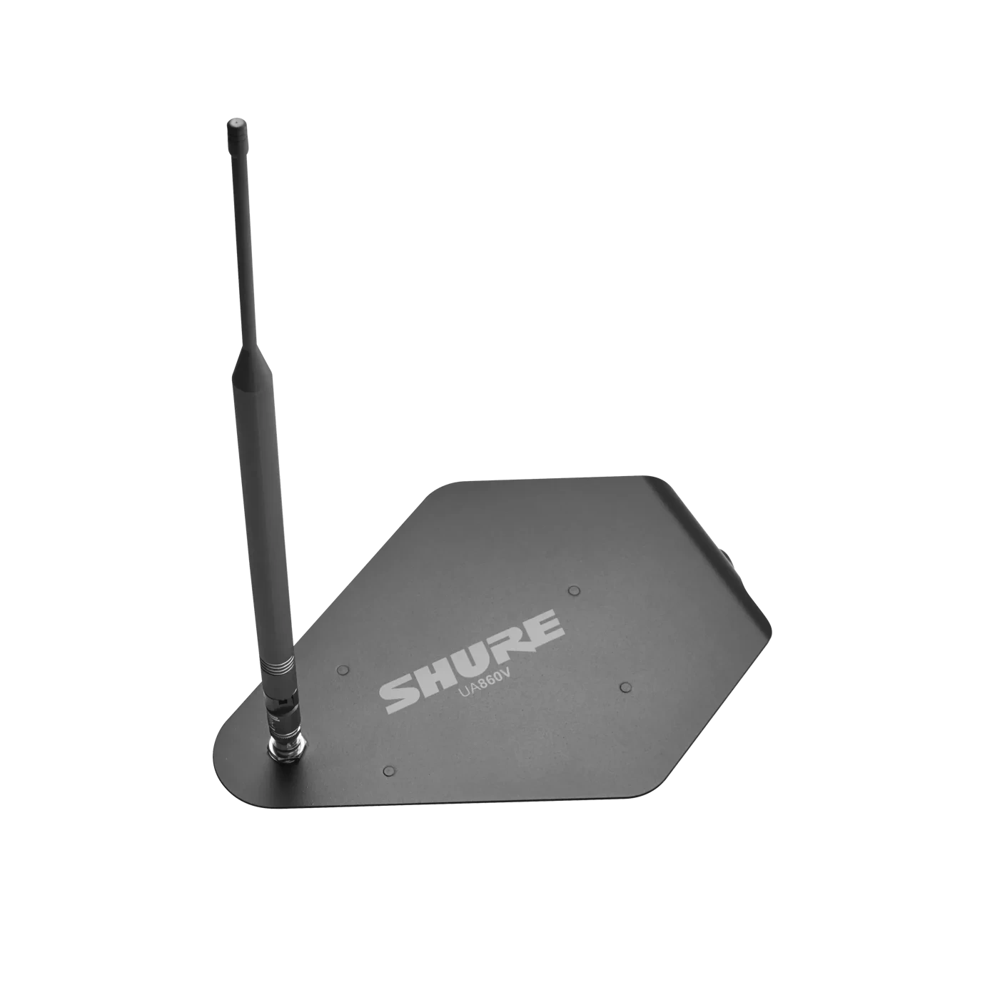 Shure UA860V Omnidirectional Antenna Front View Shure UA860V omnidirectional antenna with black finish and mounting base assembly