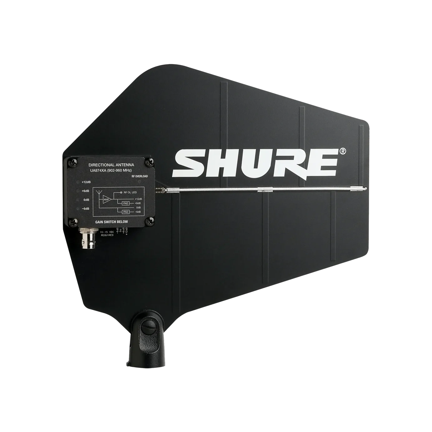 Shure UA874 Active Directional Antenna Front View Shure UA874 active directional antenna with mounting bracket and connector, 902-960MHz frequency range
