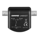 Shure UABIAST in-line power adapter showing XLR connector and power input terminals