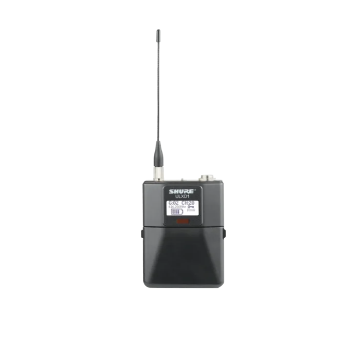 Shure ULXD1 digital bodypack transmitter with LEMO3 connector, front-facing product view